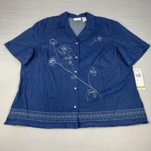Alfred Dunner Button Up Blouse Women's 22W Floral Embroidery Short‎ Sleeve NWT